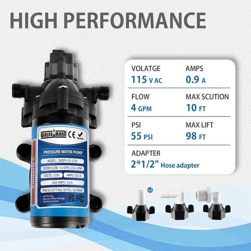 wassermann Water Pressure Pump 115 Volt AC 4.0GPM 55PSI,Water Pump Self Priming Diaphragm Pump with Pressure Switch for Kitchen Bathroom Marine Yacht Garden - Image 2